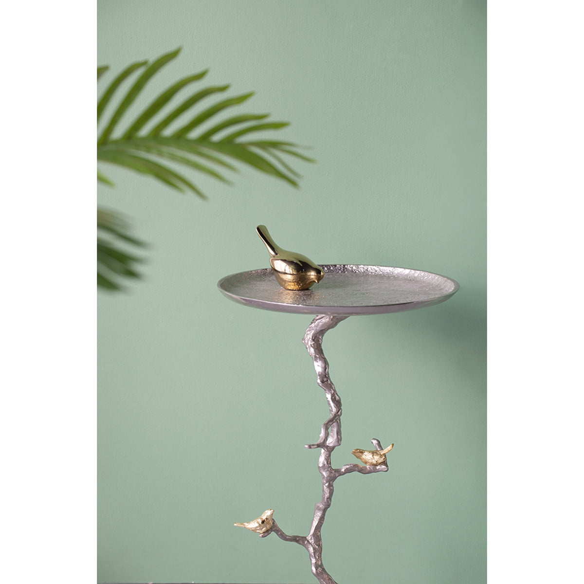16.9x16.9x28" Round Aluminum Side Table with Silver Branch Design and Gold Bird Accents image 6