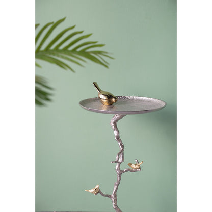 16.9x16.9x28" Round Aluminum Side Table with Silver Branch Design and Gold Bird Accents image 6