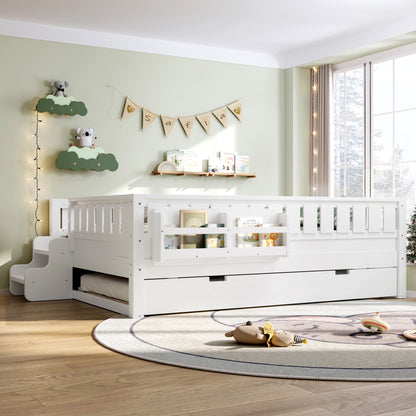 Full with built-in bookshelves and small staircase, high-quality safety rails, and Trundle,White image 2