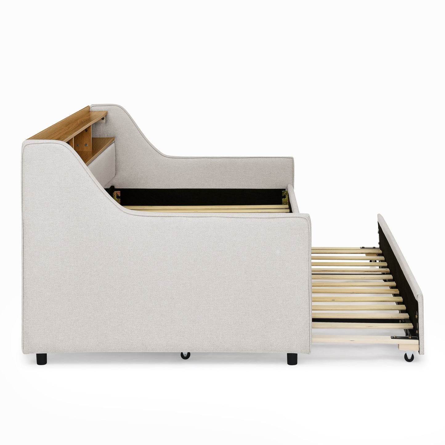 Twin Size Upholstery Sofa Bed with Three LED lights, with Storage Adjustable Headboard, with Foldable Leg Pull up Trundle Bed and Wireless Charging, Linen Padded Sofa Bed frame, Beige image 12