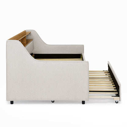 Twin Size Upholstery Sofa Bed with Three LED lights, with Storage Adjustable Headboard, with Foldable Leg Pull up Trundle Bed and Wireless Charging, Linen Padded Sofa Bed frame, Beige image 12