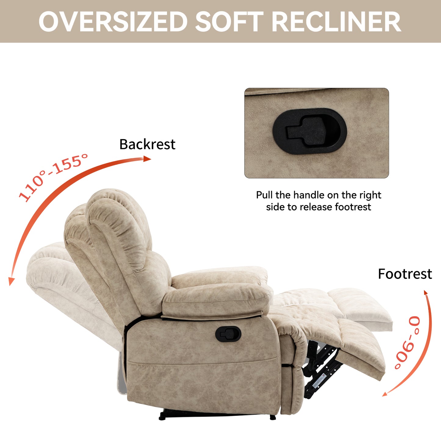 Large Manual Recliner Chair in Fabric for Living Room, Beige image 6