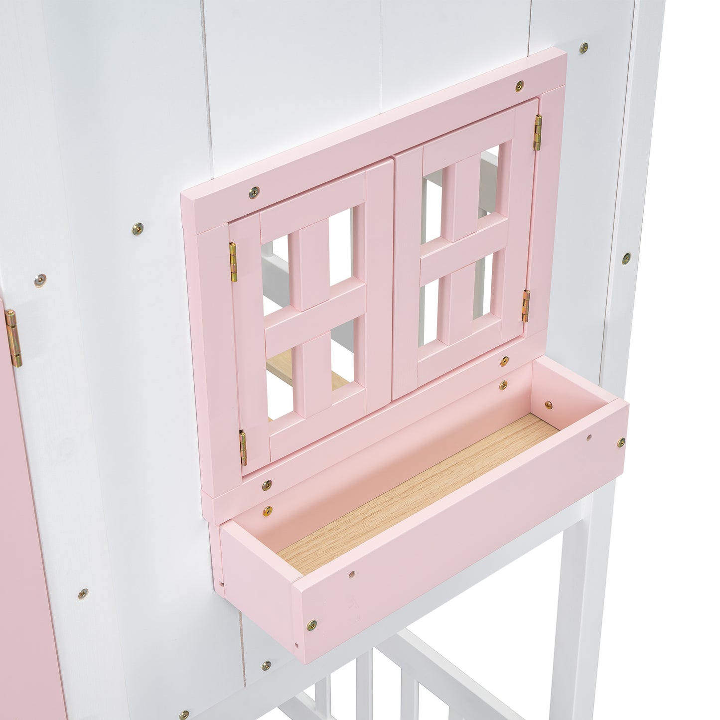 Twin over Twin House Bunk Bed with Roof, Window, Window Box, Door, with Safety Guardrails and Ladder, Pink/White image 7
