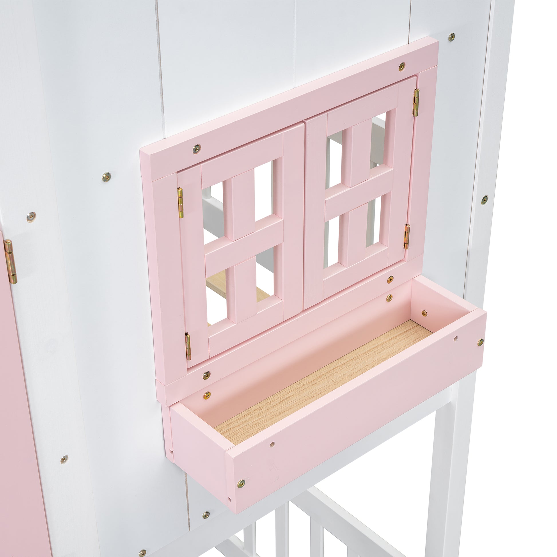 Twin over Twin House Bunk Bed with Roof, Window, Window Box, Door, with Safety Guardrails and Ladder, Pink/White image 7
