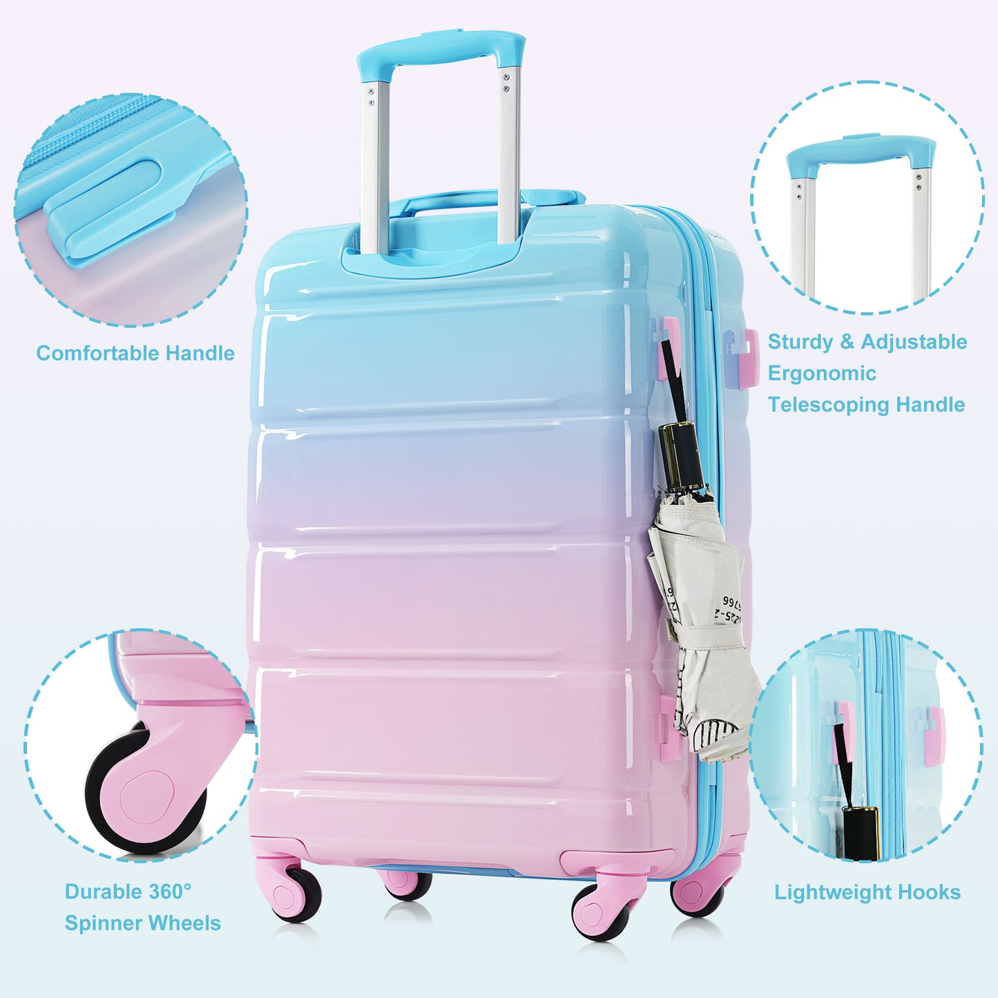 Luggage Set of 3, 20-inch with USB Port, Airline Certified Carry-on Luggage, ABS+PC Hard Shell Luggage with Spinner Wheels, light blue and pink image 3