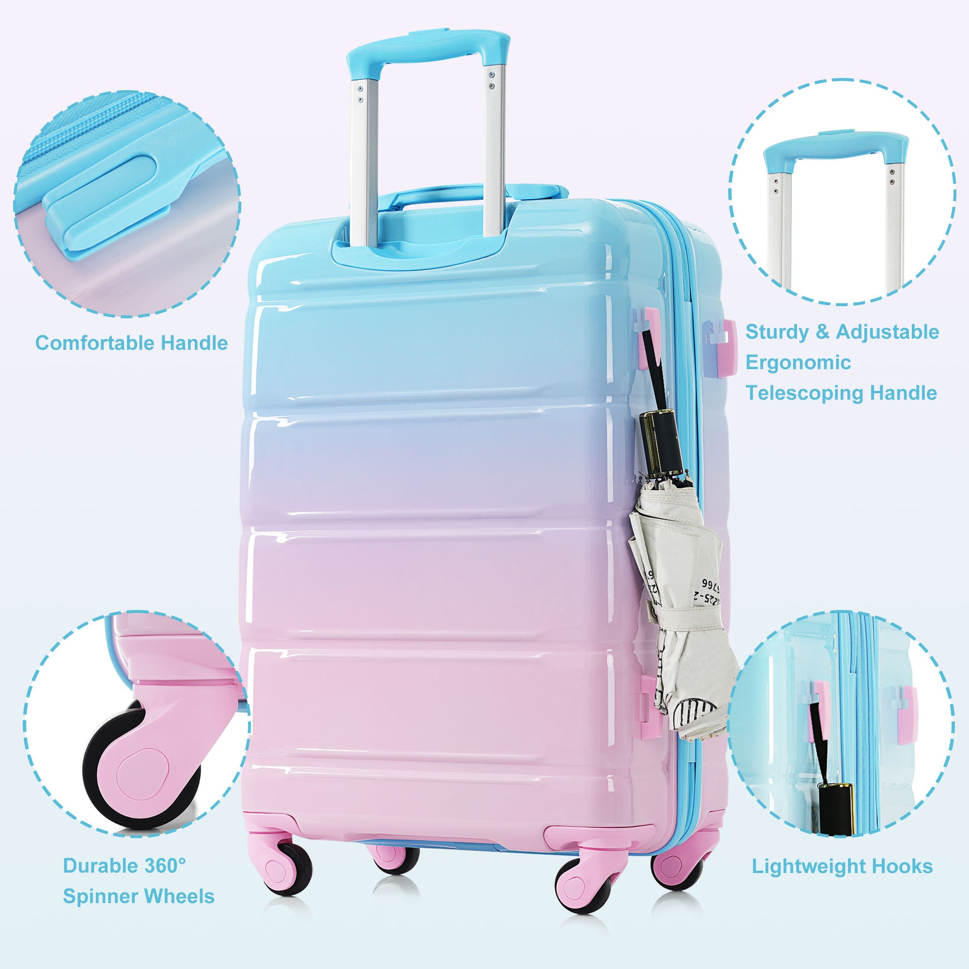 Luggage Set of 3, 20-inch with USB Port, Airline Certified Carry-on Luggage, ABS+PC Hard Shell Luggage with Spinner Wheels, light blue and pink image 3