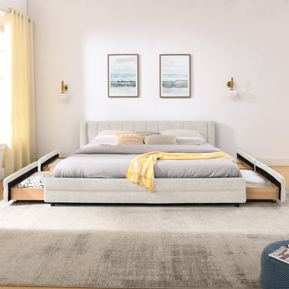 King Size Upholstered Bed Frame with Thick Fabric, comfortable upholstered bed frame, Chenille fabric, with headboard and solid bed frame. With drawer for storage-Beige(86.5''*84''*29.5'') image 6