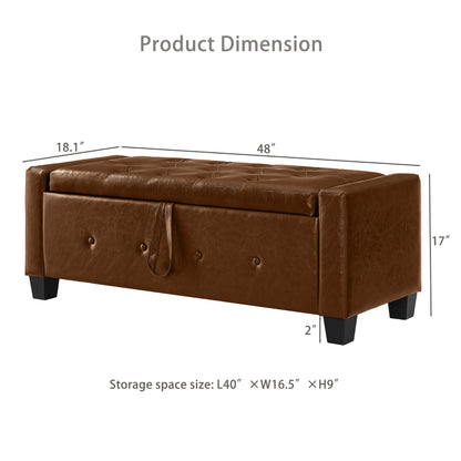 48" Ottoman Bench with Storage, Bench for Bedroom,Living Room,Hallway, Upholstered Tufted Faux Leather PU Ottoman Brown image 12