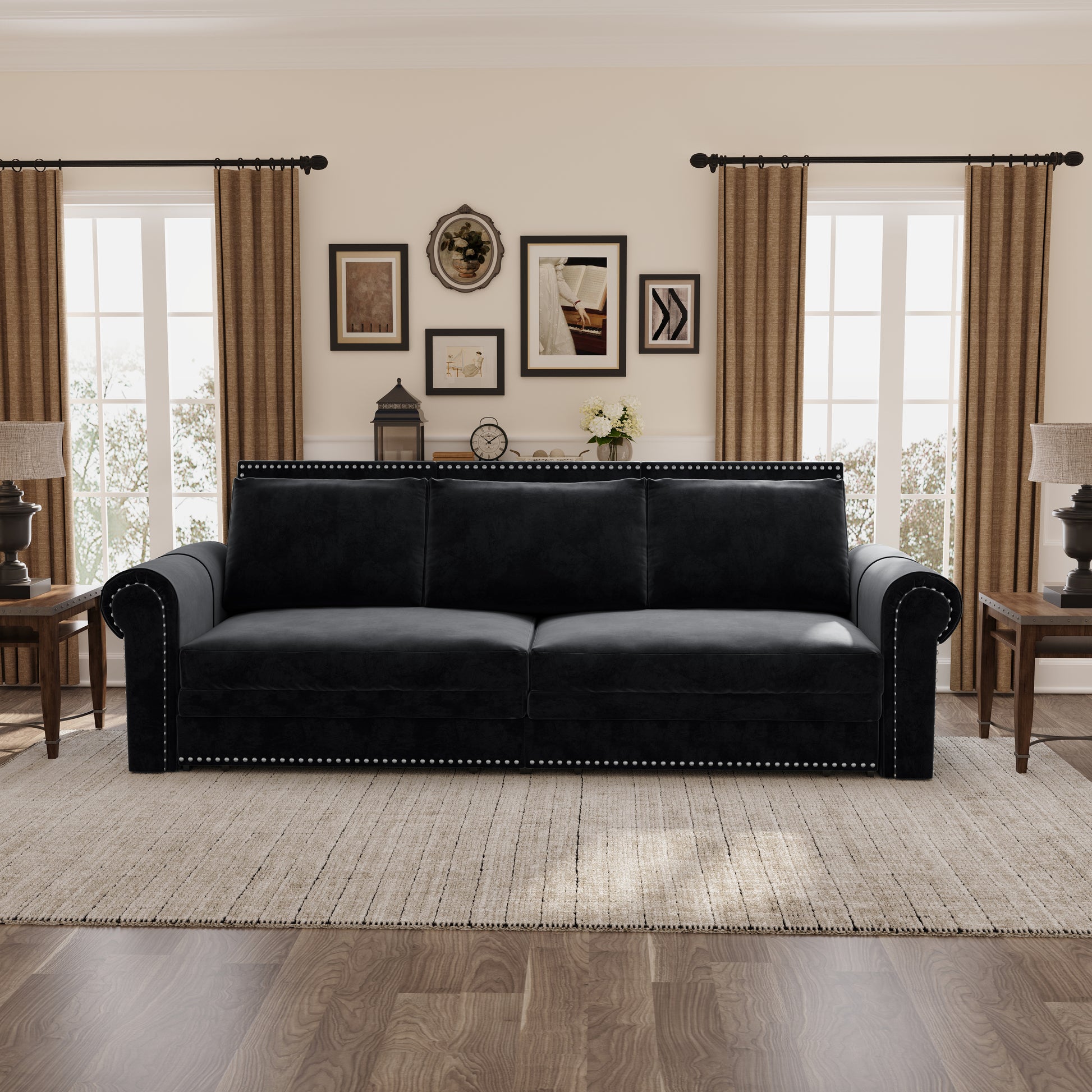 Chesterfield Sofa,93.7" King Pull Out Sofa Bed,3-in-1 Velvet Convertible Sleeper Sofa with Nailhead Trim & Rolled Arm,Multi-Functional Sofa Bed for Black (Old sku:W1885S00039/W1885S00100) image 5