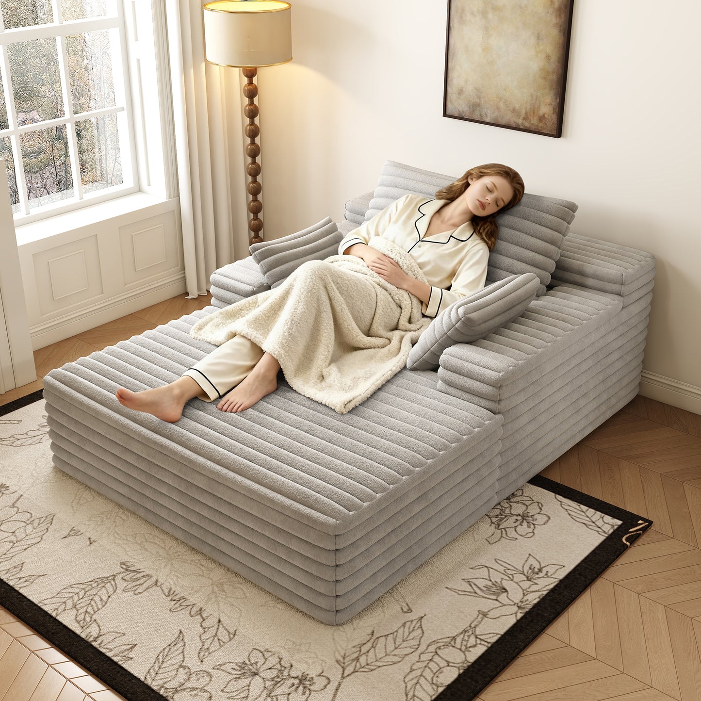 Chaise Lounge Chair Indoor, Oversized Upholstered Sofa Bed, Sleeper Couch Reading Chairs Fluffy Plush Faux Fur Cloud Sofas Couches for Living Room,Grey image 2
