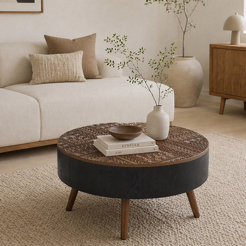 31.5" Round Carved Coffee Table with Storage Space, Mid-Century Modern Wooden Tea Table for Living Room, Apartment, Office,Brown+ Black. image 1