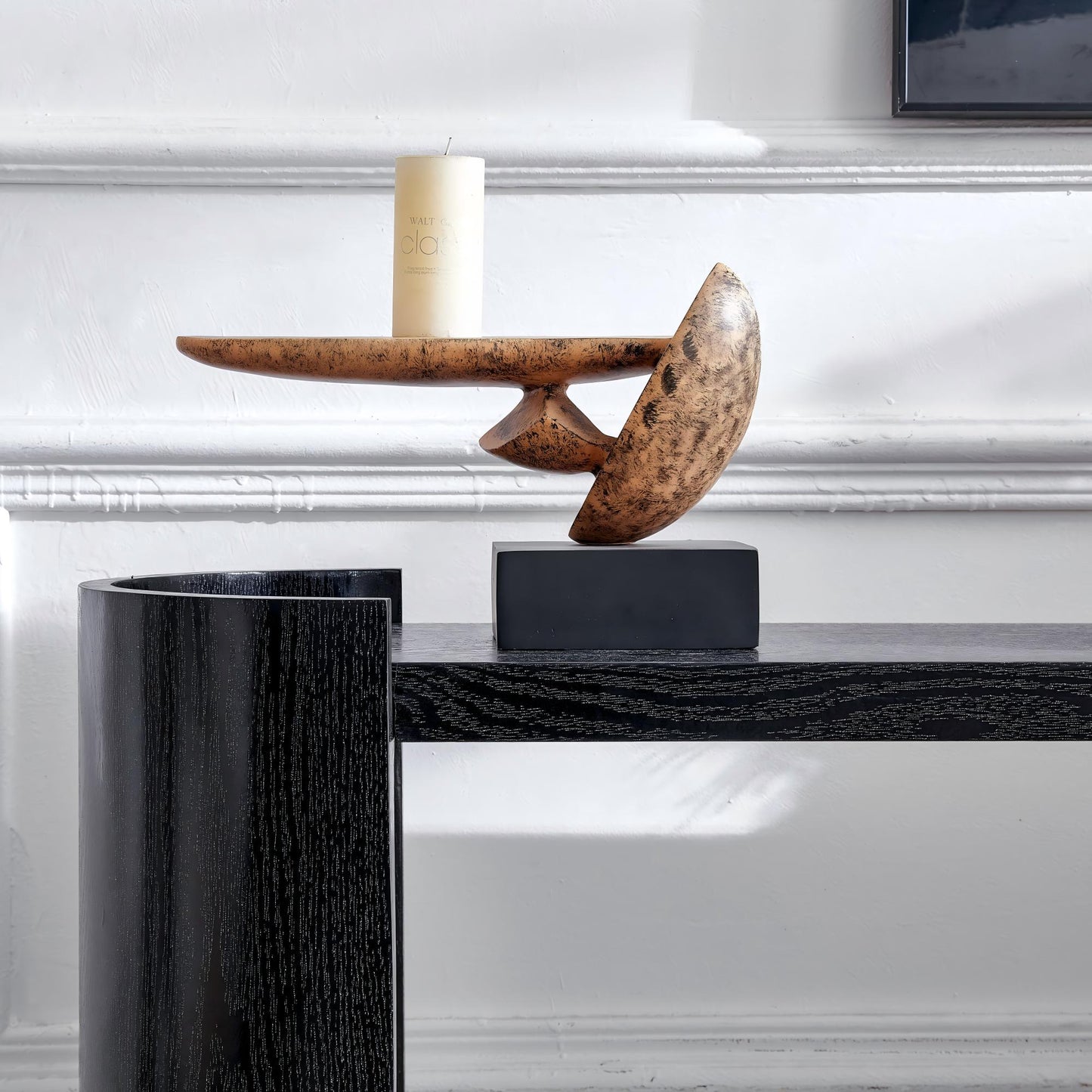 Double-layer Black curved foyer table - Black wood grain minimalist entrance small space living room sofa side table image 9