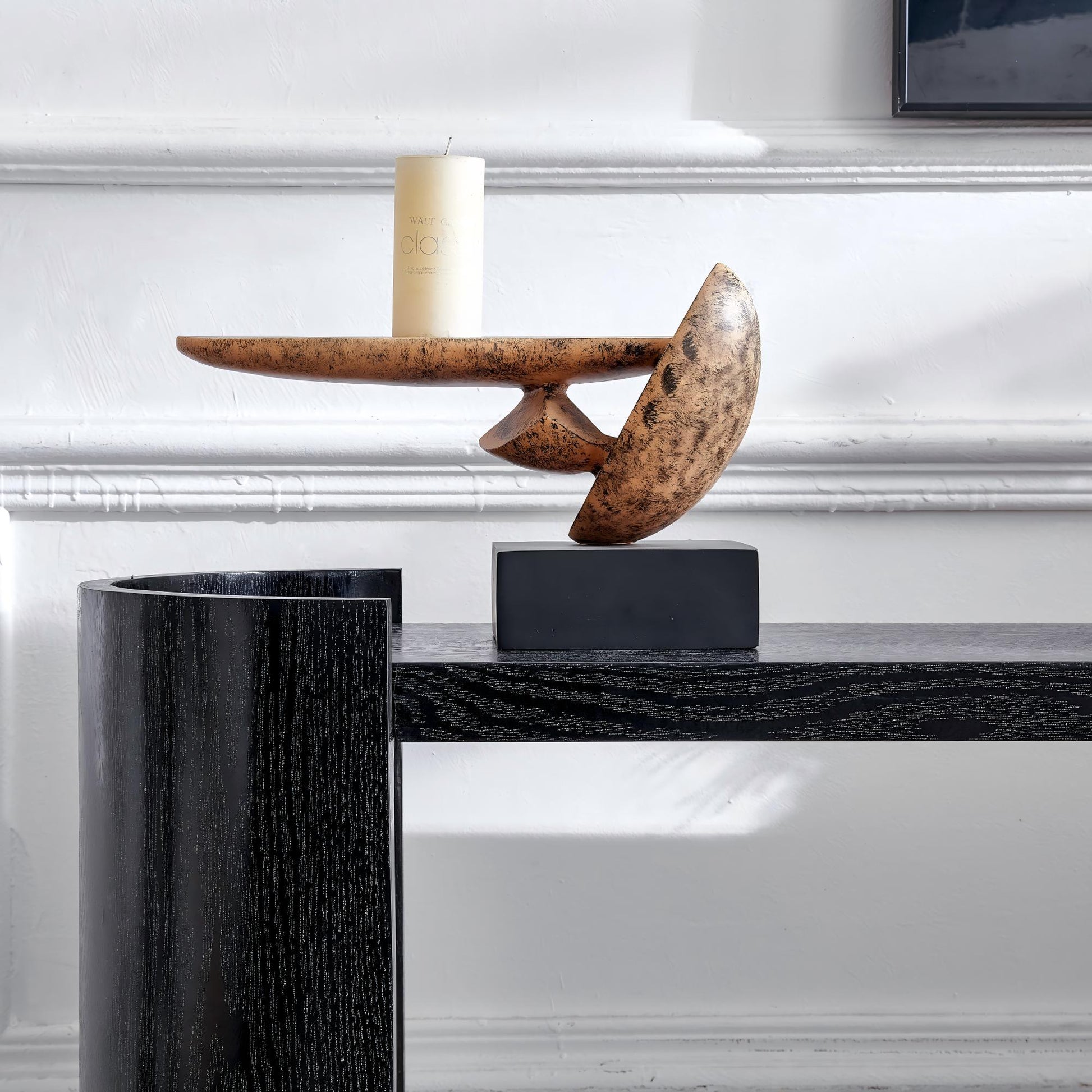 Double-layer Black curved foyer table - Black wood grain minimalist entrance small space living room sofa side table image 9