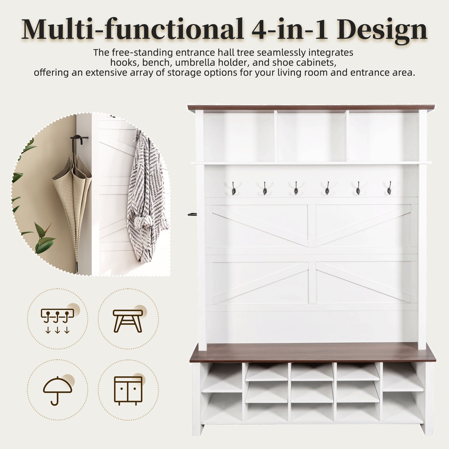 Farmhouse 4-in-1 Hall Tree with 6 Hooks, Walnut Entryway Bench with Shelves, Wooden Style Rustic Shoe Organizer with 16 Open Compartments for Mudroom, Living Room, White (OLD SKU: N721P264915K) image 3