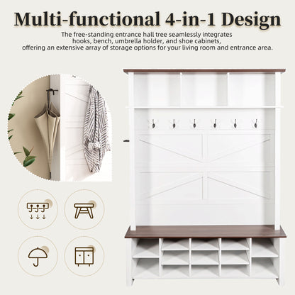 Farmhouse 4-in-1 Hall Tree with 6 Hooks, Walnut Entryway Bench with Shelves, Wooden Style Rustic Shoe Organizer with 16 Open Compartments for Mudroom, Living Room, White (OLD SKU: N721P264915K) image 3