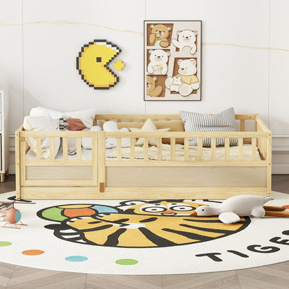 Twin Size Floor bed, integral construction with super high security barrier, door, children's floor bed frame, Montessori wooden children's floor bed, Support slat Natural Wood(Patented model) image 1