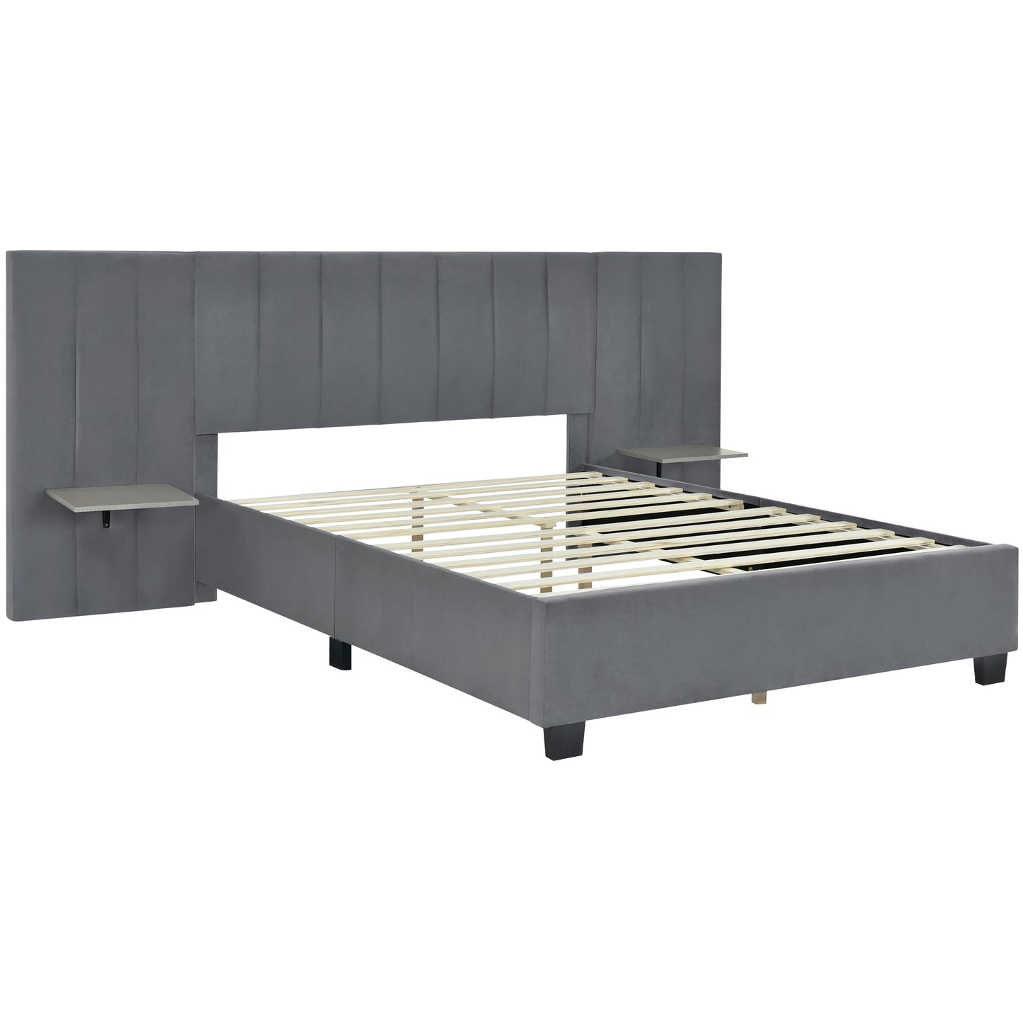 Queen Size Upholstered Platform Bed with Big Headboard, Bedroom Furniture, Velvet, Gray image 5
