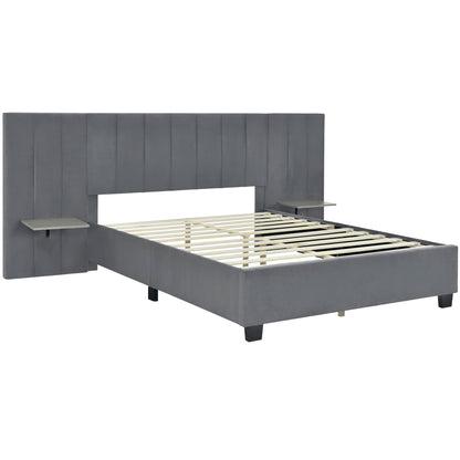 Queen Size Upholstered Platform Bed with Big Headboard, Bedroom Furniture, Velvet, Gray image 5