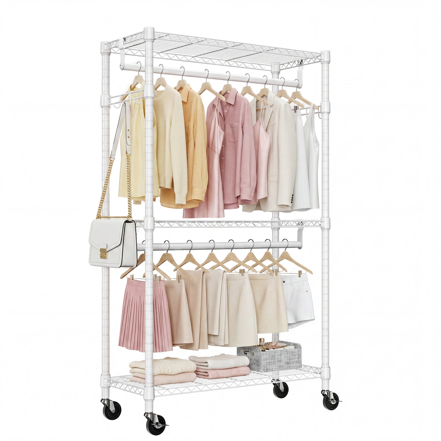Heavy Duty Rolling Garment Rack 3 Tiers Adjustable Wire Shelving Clothes Rack with 2 Rods and Side Hooks,Storage Closet Clothing Rack with Wheels White 15.7" D x 29.5" W x 74.5" H image 1