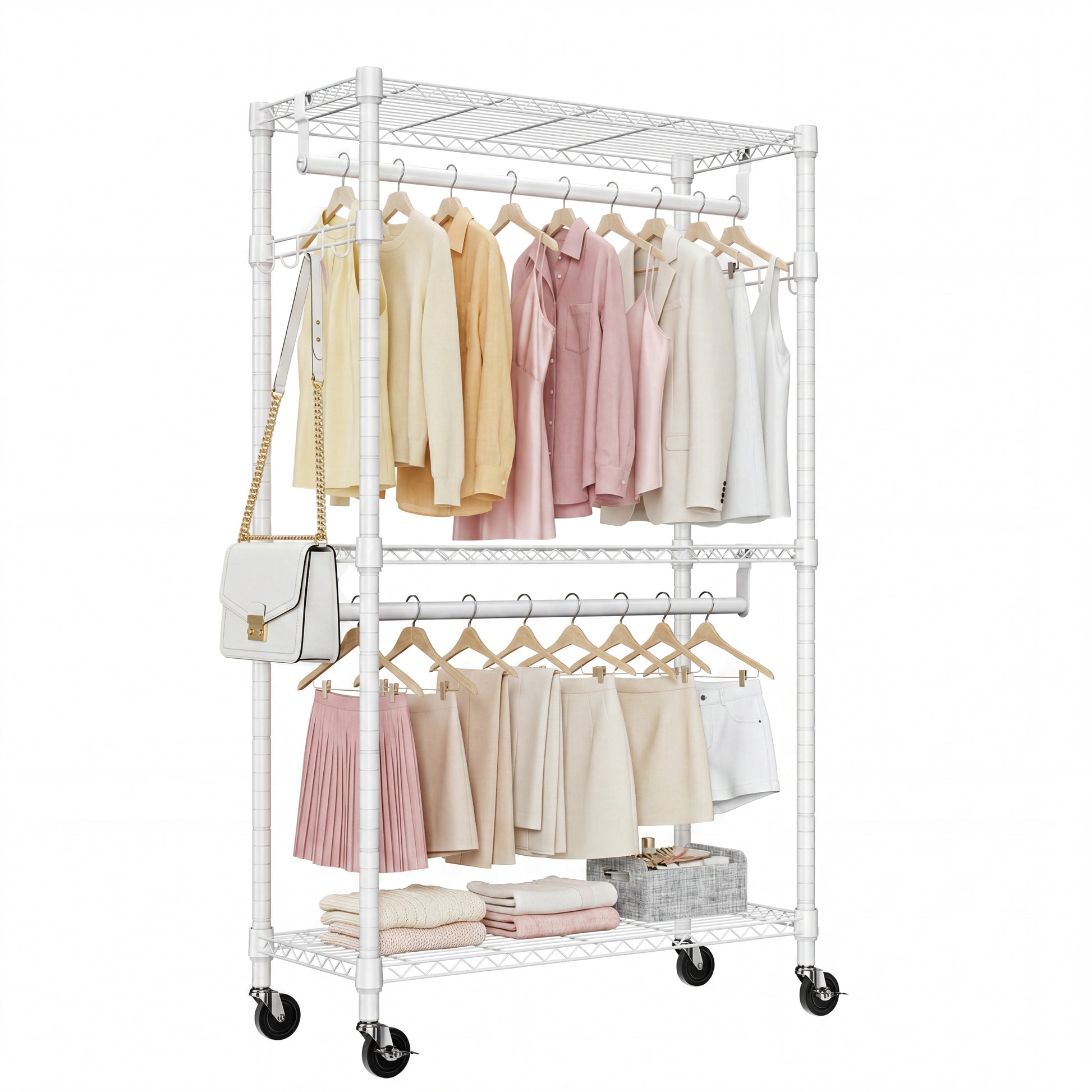 Heavy Duty Rolling Garment Rack 3 Tiers Adjustable Wire Shelving Clothes Rack with 2 Rods and Side Hooks,Storage Closet Clothing Rack with Wheels White 15.7" D x 29.5" W x 74.5" H image 1