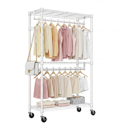 Heavy Duty Rolling Garment Rack 3 Tiers Adjustable Wire Shelving Clothes Rack with 2 Rods and Side Hooks,Storage Closet Clothing Rack with Wheels White 15.7" D x 29.5" W x 74.5" H image 1