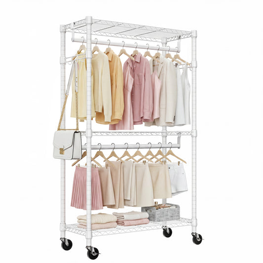 Heavy Duty Rolling Garment Rack White with 3 Tiers and 2 Rods - Front View