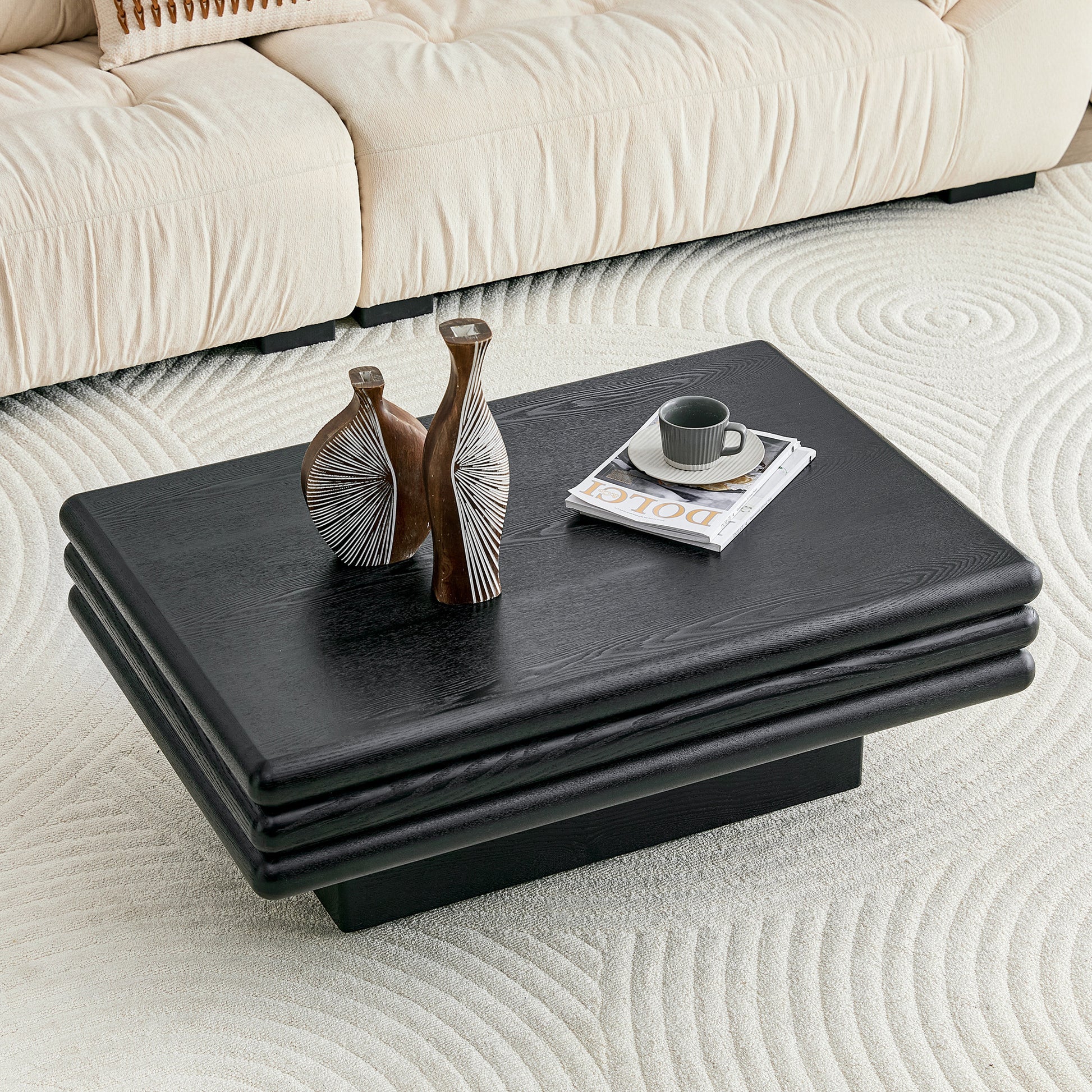 Modern 3-Tier Stacked Rectangular Coffee Table, MDF with Wood Veneer,Black Accent Center Table for Living Room image 2