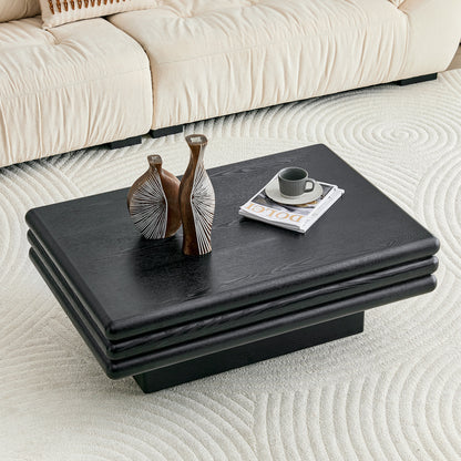 Modern 3-Tier Stacked Rectangular Coffee Table, MDF with Wood Veneer,Black Accent Center Table for Living Room image 2