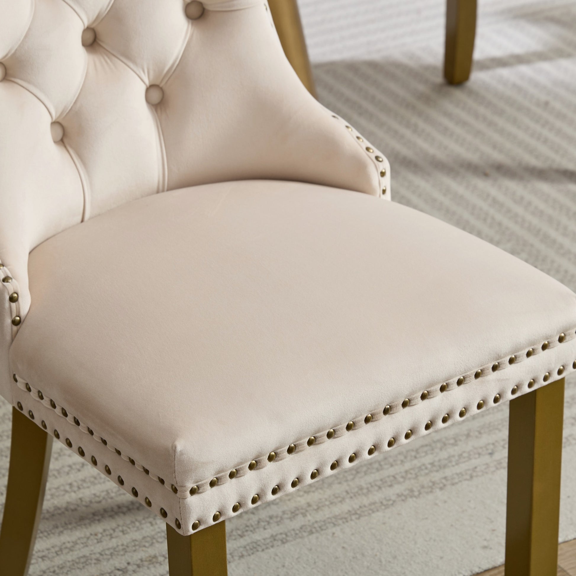 Mid-Century Modern Chairs with Lion Head Pull Ring,High-end Tufted Solid Wood Contemporary Velvet Upholstered Dining Chair with Golden Wooden Legs Nailhead Trim 2-Pcs Set,Beige,SW1201BG image 12
