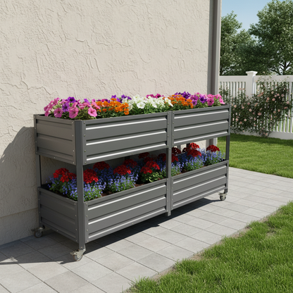 Dual Tier Elevated Metal Raised Garden Bed with Lockable Wheels, Staggered 2-Layer Raised Planter Box for Vegetables Herbs Flowers, Outdoor Patio Backyard Green Planting Bed,Grey image 4