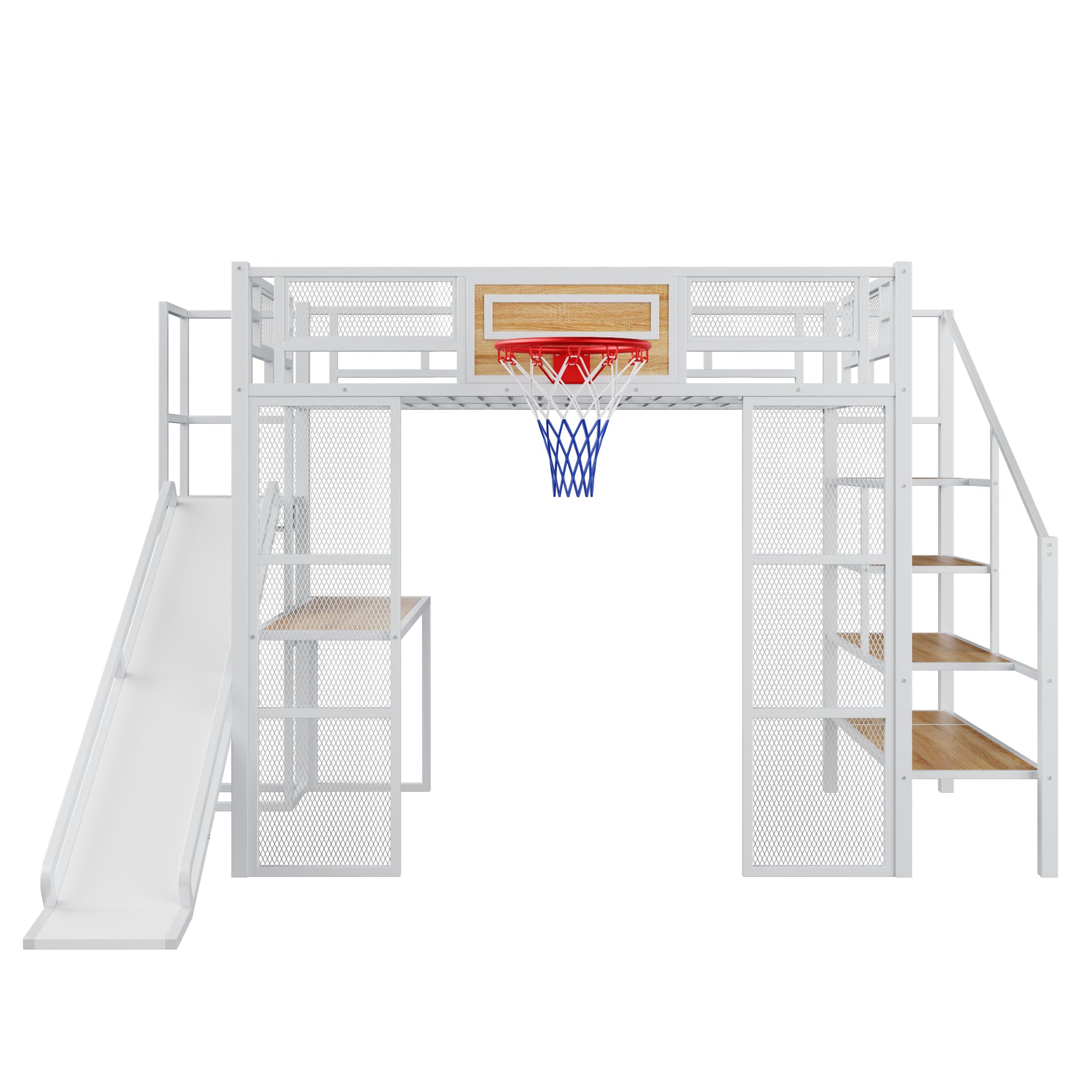 Full Size Metal Loft bed with Built-in Desk, Open Wardrobe, Basketball hoop, Slide and Staircase, White image 11