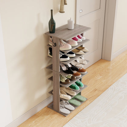 Shoe Rack,7 Tier Shoe Storage Organizer with Hooks, Entryway Shoe Tower,12-14Pairs Shoes,Vertical Shoe Organizer,Vertical Shoe Organizer,Easy Assemble,Saving Space,Rustic Gray image 10