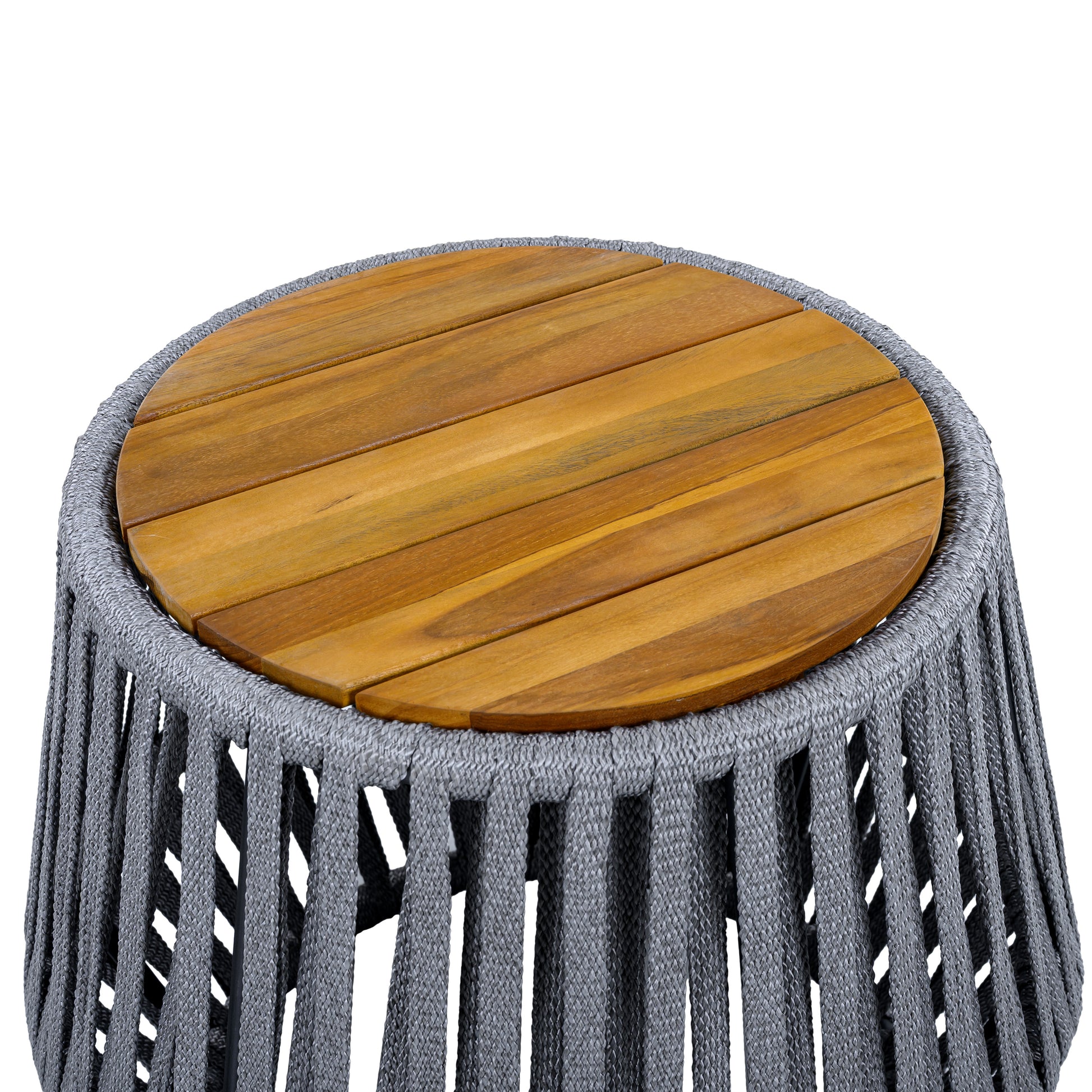 Outdoor Side Table with Rope and Acacia Wood - Teak Finish, 100 LBS Capacity, Weather-Resistant, Grey Rope Design image 6