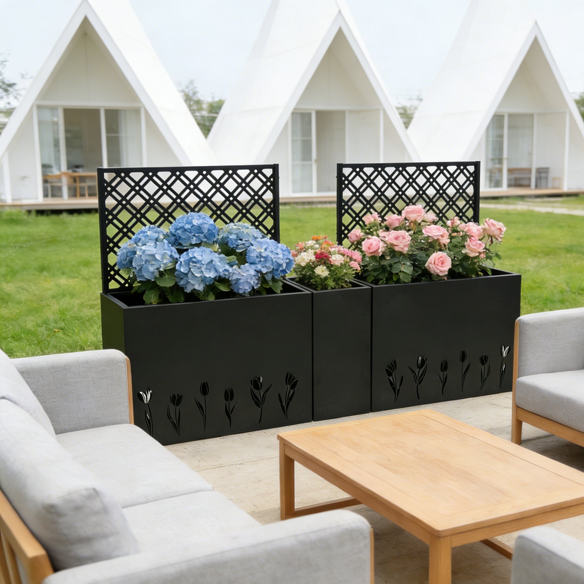 Metal Planter-Trellis Combo (Set of 3) - Raised Garden Bed, Flower Trellis & Privacy Screen for Patio, Balcony, Garden, Rust-Resistant Planter Box with Drainage Holes, 23.6in Depth Planting Bed, Tulip image 3