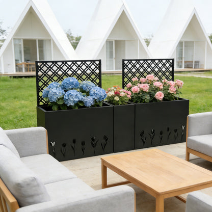 Metal Planter-Trellis Combo (Set of 3) - Raised Garden Bed, Flower Trellis & Privacy Screen for Patio, Balcony, Garden, Rust-Resistant Planter Box with Drainage Holes, 23.6in Depth Planting Bed, Tulip image 3