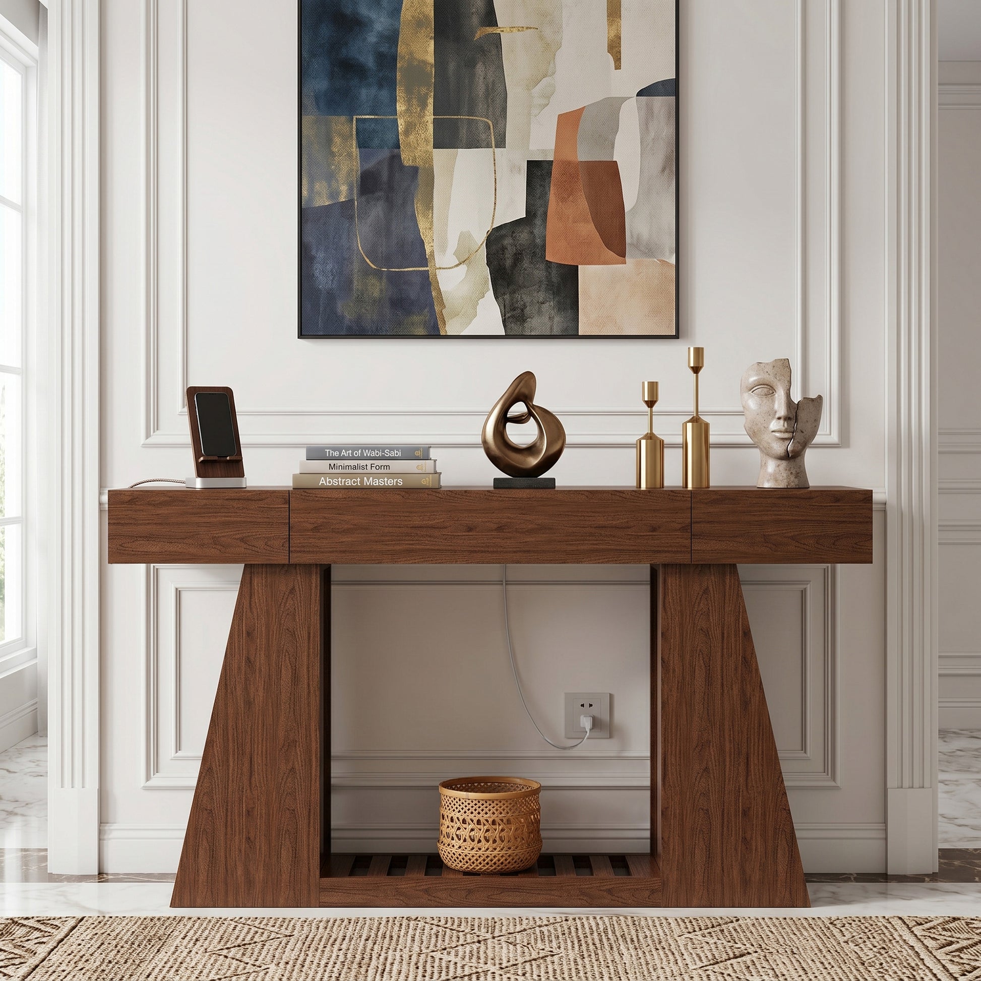 60 Inch Narrow Console Table with Built-in Power Outlet, Farmhouse Sofa Table Behind Couch, Entryway Foyer Table with Side Storage Compartment & Slatted Bottom Shelf, image 1