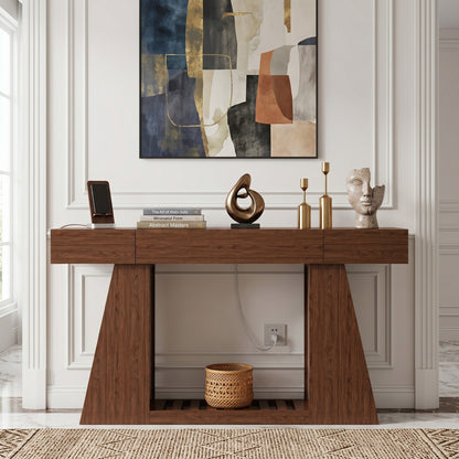 60 Inch Narrow Console Table with Built-in Power Outlet, Farmhouse Sofa Table Behind Couch, Entryway Foyer Table with Side Storage Compartment & Slatted Bottom Shelf, image 1