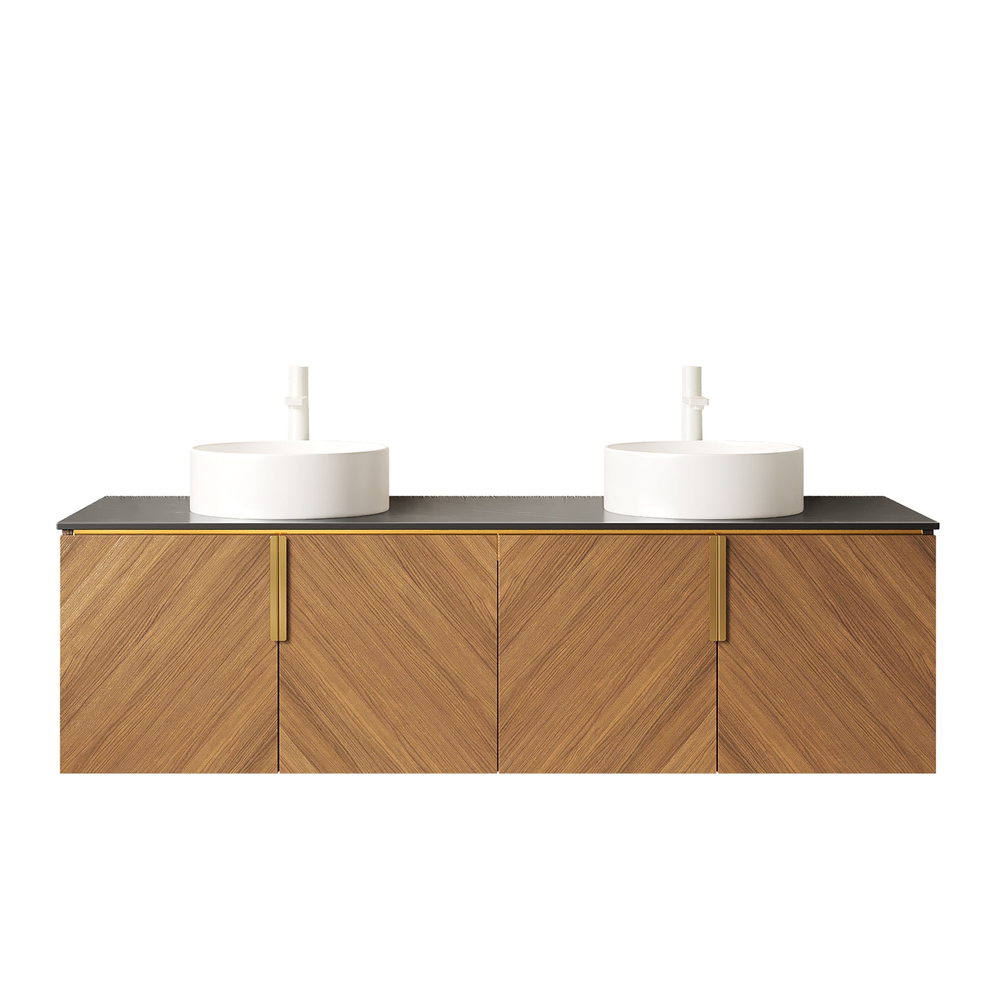 ARAI 60" Bathroom Vanity with Sinks, Floating Wall-Mounted Plywood Bathroom Storage Cabinet with 4 Doors, 2 White Round Ceramic Basins and Black Sintered Stone Countertop, Brown Oak Woodgrain Color image 3