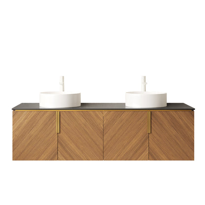 ARAI 60" Bathroom Vanity with Sinks, Floating Wall-Mounted Plywood Bathroom Storage Cabinet with 4 Doors, 2 White Round Ceramic Basins and Black Sintered Stone Countertop, Brown Oak Woodgrain Color image 3