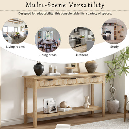 U_Style 58.3'' Fir Veneer Entryway Table with Honeycomb-patterned Fronts,Modern Stylish Console Table with 3 Drawers and Solid Fir legs,Suitable for Living Room,Entryway, Hallway, Study, Foyer image 8