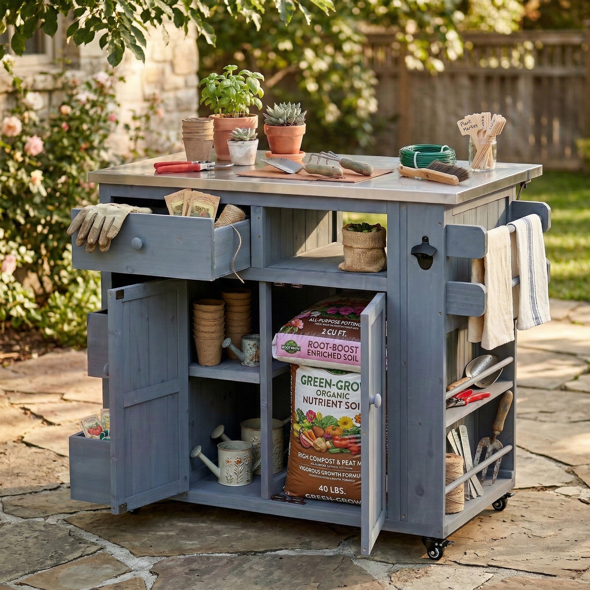 TOPMAX Outdoor Solid Wood Extendable 19.3''/28'' Kitchen Island, Stainless Steel Top Grill Table with Side Spice Rack, Kitchen Cart with Drawers, Storage Cabinet for Backyard, BBQ,Party, Gray image 6
