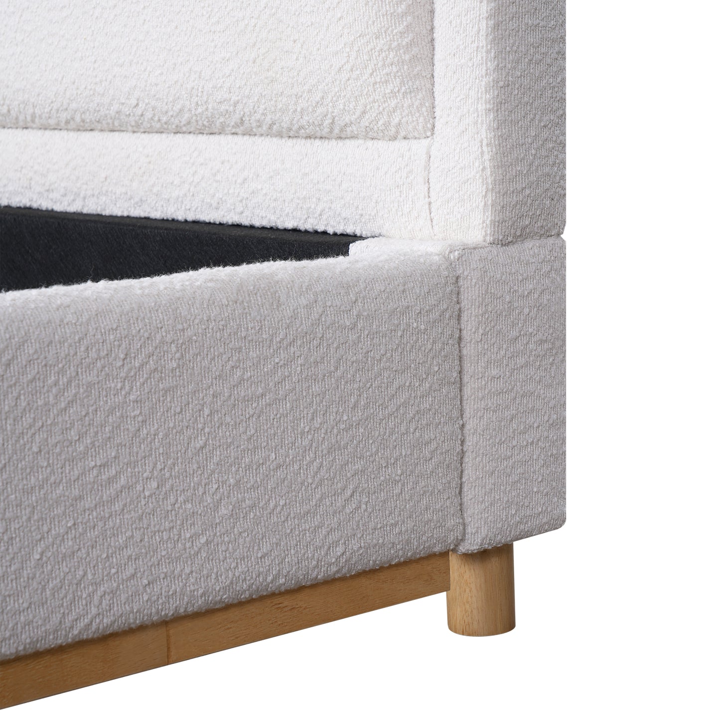 King Size Bed Frame With Boucle Upholstered Curved Headboard, Solid Wood Base And Legs, White image 11