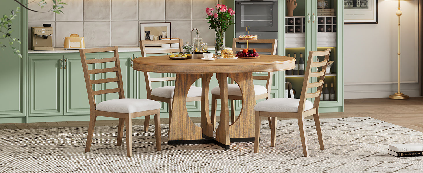 TREXM Round Dining Table for 4 with Chairs Set, Extendable Dining Table Set with 16" Removable Middle Leaf, 5 Piece Retro Dining Table Set Unique Geometric Design for Kitchen, Dining Room (Natural) image 8