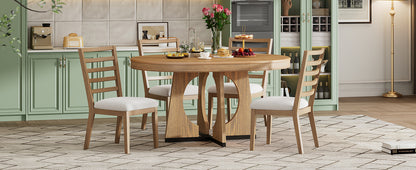 TREXM Round Dining Table for 4 with Chairs Set, Extendable Dining Table Set with 16" Removable Middle Leaf, 5 Piece Retro Dining Table Set Unique Geometric Design for Kitchen, Dining Room (Natural) image 8