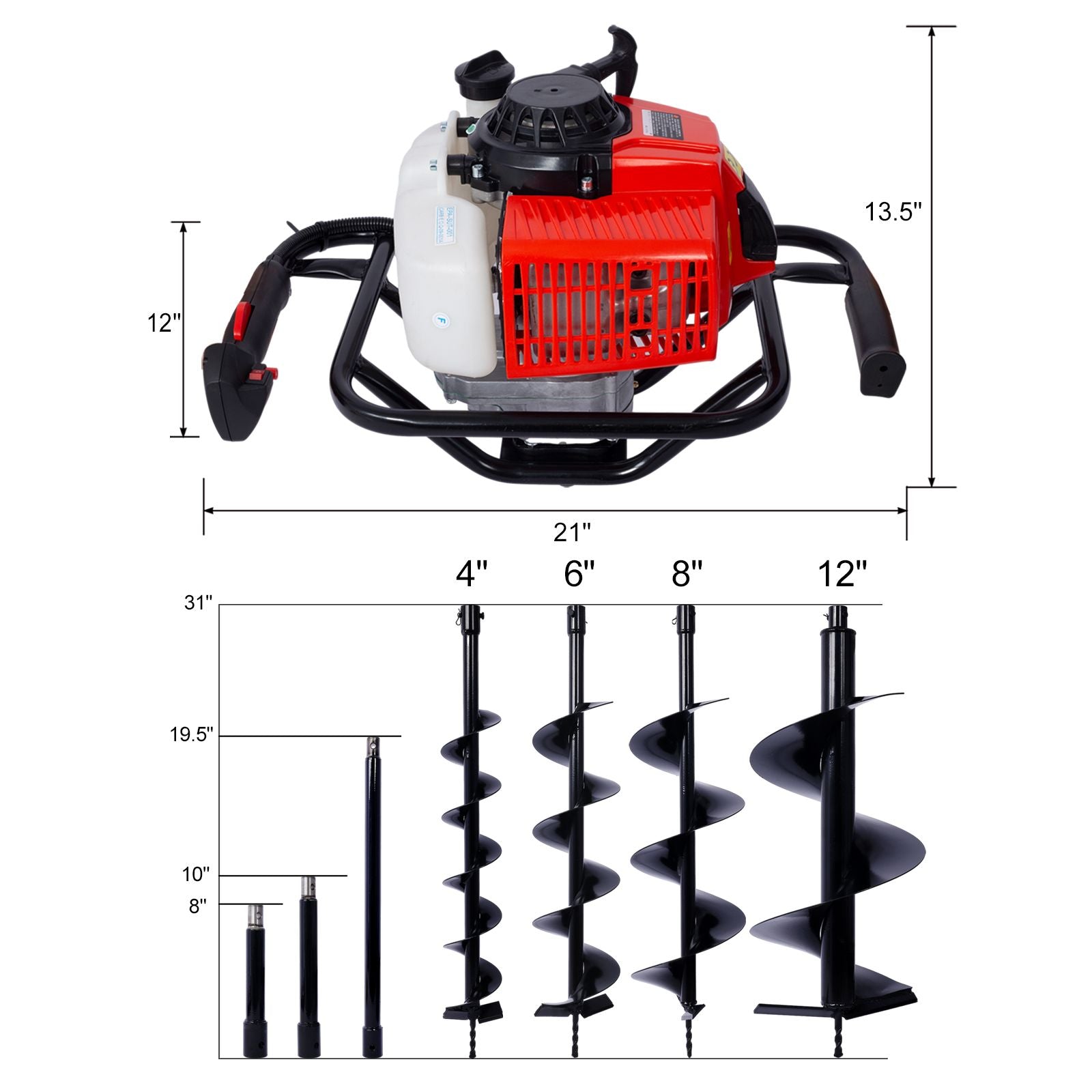 2.7HP Post Hole Digger 63cc Gas-Powered 2-Stroke Auger Digging Drill Shaft Size 3/4" ,EPA certificated with L4"+L6"+L8"+ image 2