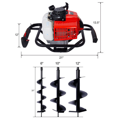2.7HP Post Hole Digger 63cc Gas-Powered 2-Stroke Auger Digging Drill Shaft Size 3/4" ,EPA certificated with L6"+L10"+L12 image 2