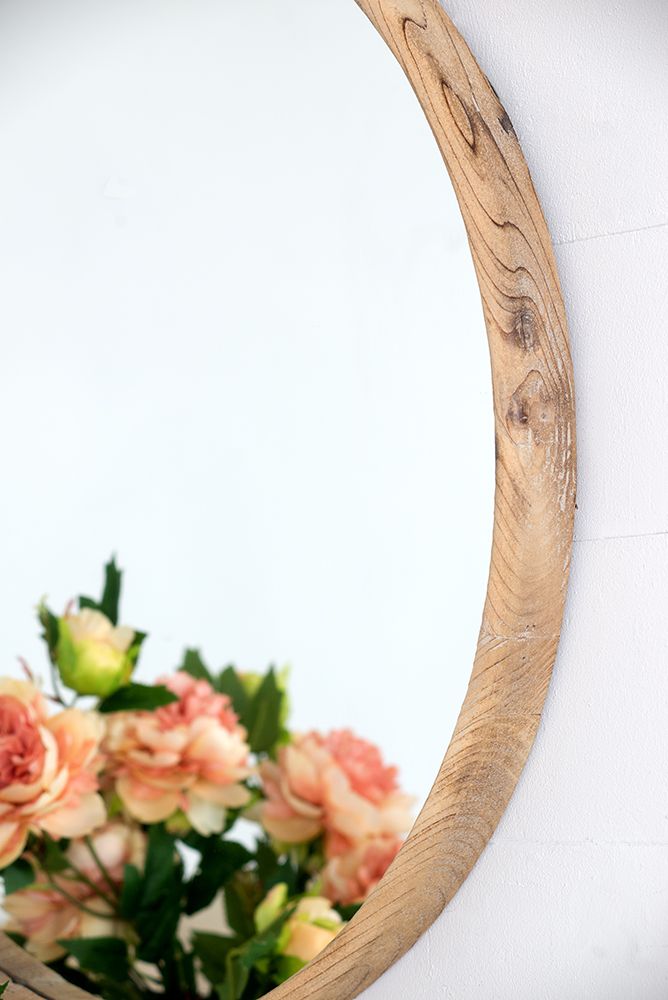 28 inch round wood mirror with brown fir frame for bathroom wall decor