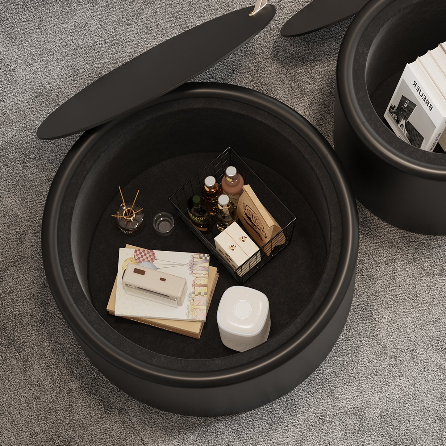 Black Round Coffee Table with Tempered Glass Top, PU Leather Body & Hidden Storage for Living Room, Modern Accent Table image 4