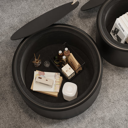 Black Round Coffee Table with Tempered Glass Top, PU Leather Body & Hidden Storage for Living Room, Modern Accent Table image 4
