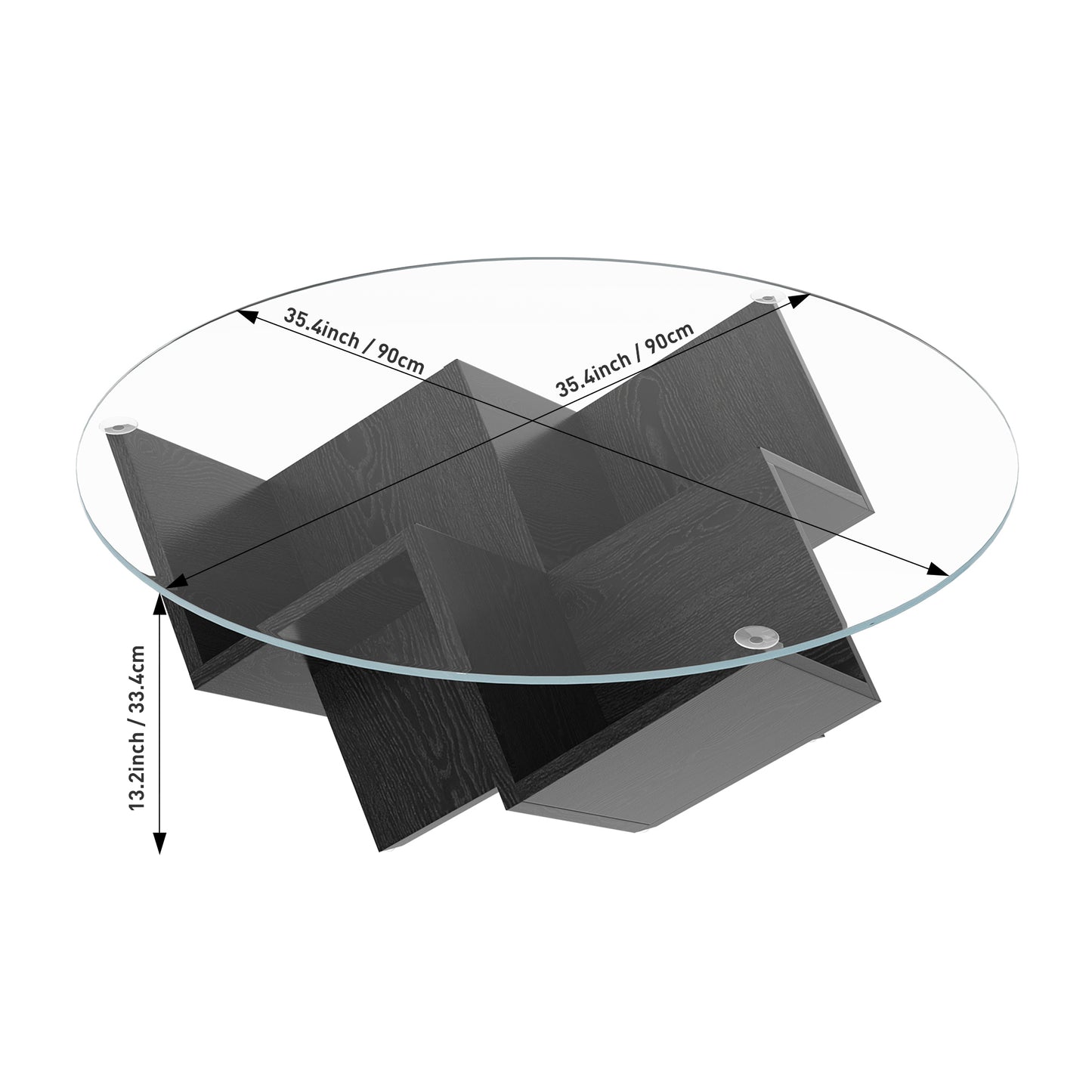 The Round Coffee Table with Glass Top and Geometric Abstract Art Deco Base Storage Shelves, Black, 35.4" image 7